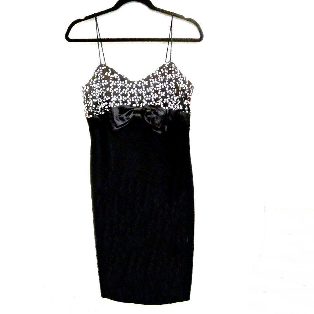Vintage Black Cocktail Dress Black & White Sequin Bodice Satin Bow Sz S/M